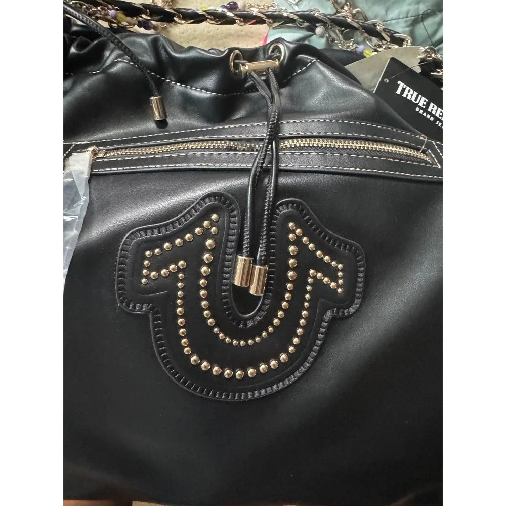 True Religion Black Faux Leather Multi Chain Strap Charm Gold Tonr Hobo Large
